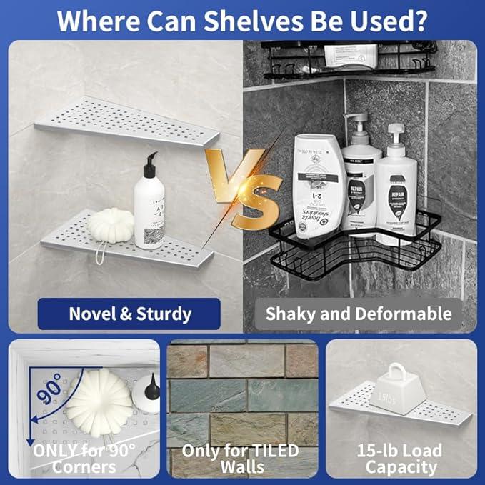Corner Shower Shelf, Brushed 12" Trapezoid Floating Shelf, 304 Stainless Steel Grid Design Recessed Bathroom Shelf for Tiled Wall, No Drilling - ModernBath