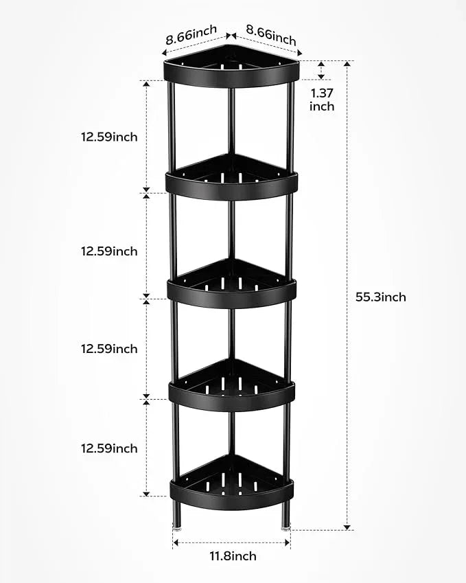 Nieifi Corner Shower Caddy Stand-5 Tier Rustproof Anodized Aluminum Standing Shower Organizer-Shower Caddy Corner-Dual Stability to Anti-Shaking-Height-Adjustable Legs for Uneven Surfaces-Black - ModernBath