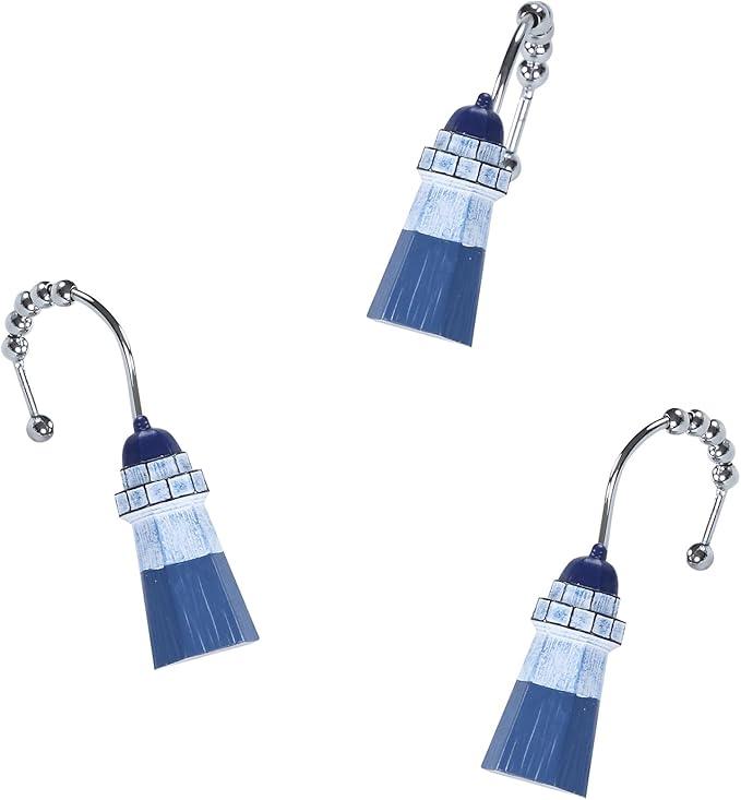 Nautical Lighthouse Shower Curtain Hooks, Rustproof Blue Ocean Bathroom Curtain Hooks, 5 Roller Ring Balls Shower Hooks for Shower Curtain, Stainless Steel Decorative Shower Curtain Hooks, Set of 12 - ModernBath