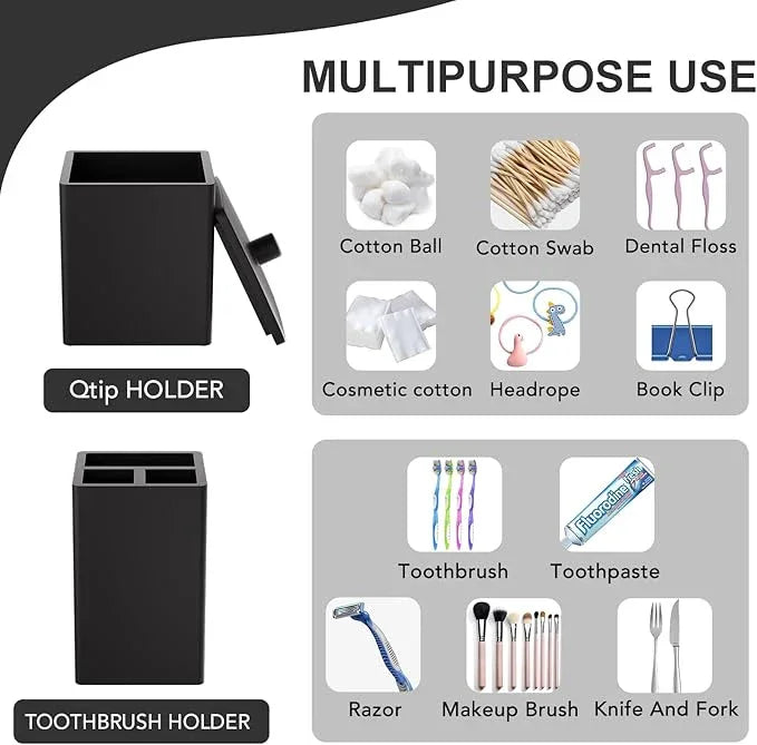 Black Bathroom Accessories Set Resin 6PCS, Square Toothbrush Holders Set Complete with Soap Dispenser, Vanity Tray, Tumbler, Cups and Cotton Swab Jars for Counter, Sink or Small Spaces - ModernBath