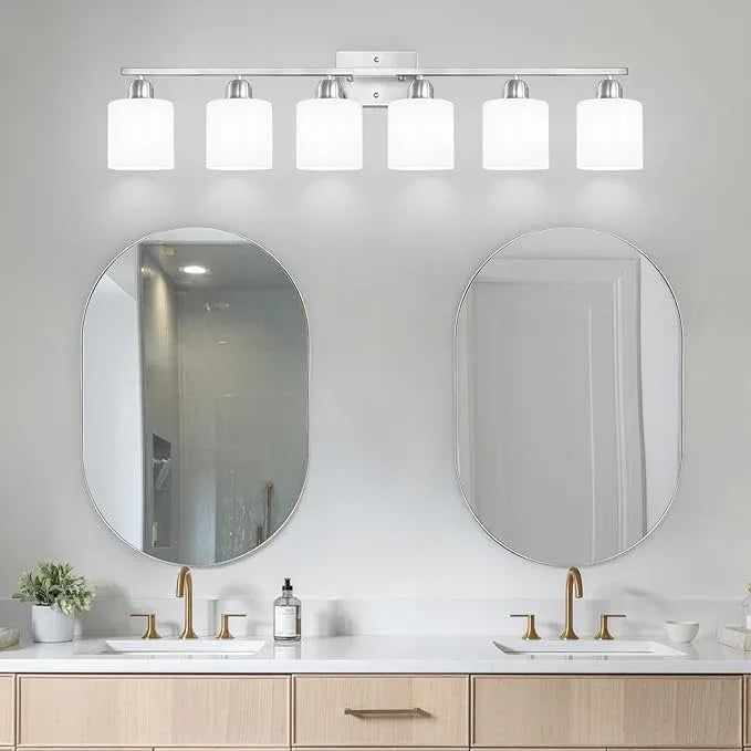 Brushed Nickel Vanity Light for Large Mirror, 6 Light Bathroom Lighting Fixtures Over Mirror with Milky White Frosted Glass Shades, 38 inch Bathroom Light for Mirrors, E26 Socket - ModernBath