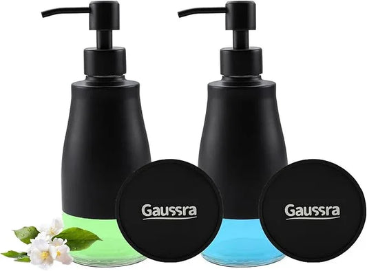 Gaussra Black Soap Dispenser with Coaster and Stickers, Dish Soap Dispenser for Kitchen, Hand Soap Dispenser for Bathroom, 304 Stainless Steel Glass Lotion Dispenser (2 Pack) - ModernBath