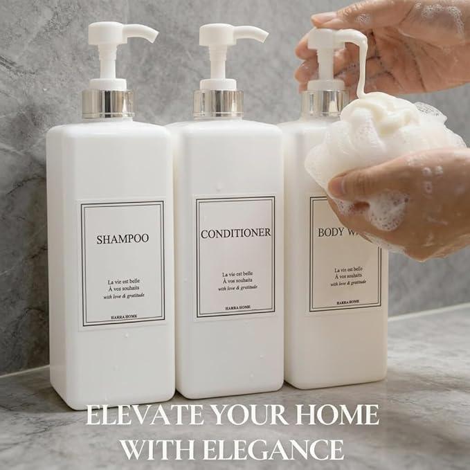 Shampoo and Conditioner Dispenser - Modern Design Large 27oz Shower Soap Dispenser Set of 3, Refillable Empty Plastic Pump Bottles for Bathroom, 6 Waterproof Labels Included, White & Silver - ModernBath