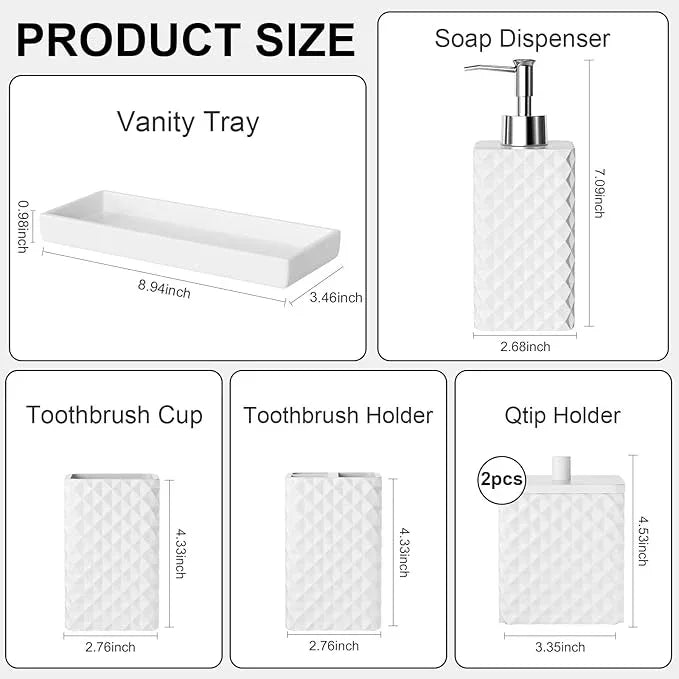 Bathroom Accessories Set Resin 6PCS, Square Toothbrush Holders Set Complete with Soap Dispenser, Vanity Tray, Tumbler, Cups and Cotton Swab Jars (White Diamond, Resin Bath 6 PCS) - ModernBath