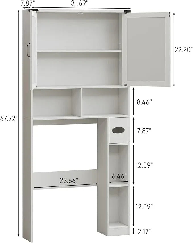 Vabches Over The Toilet Storage Cabinet, Farmhouse Bathroom Cabinet Over Toilet with Paper Holder, Rustic Bathroom Storage Organizer with Doors, White - ModernBath