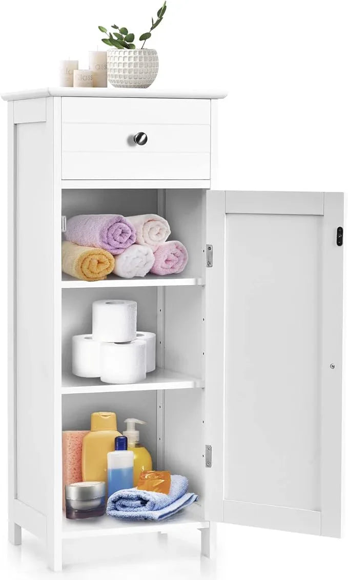 COSTWAY Bathroom Storage Cabinet, Single Door Floor Cabinet with Drawer and 3-Level Adjustable Shelves, Modern Side Storage Organizer with Anti-Tipping Device for Living Room, Bedroom (White) - ModernBath