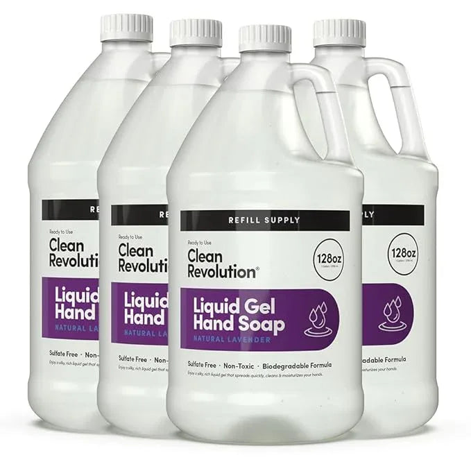 Clean Revolution Liquid Gel Hand Soap, Silky Rich Liquid, Quick Lather, Fast Rinsing, (Natural Lavender) 128 Fl Oz, 4 Pack - Made in USA - ModernBath