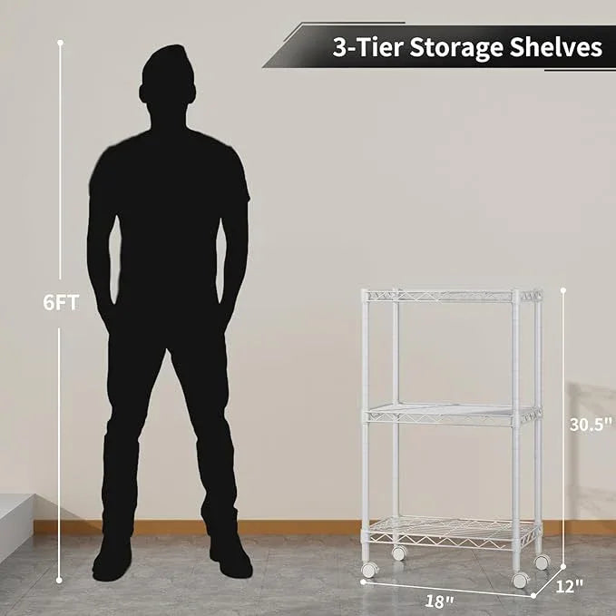 Small 3 Tier Shelves Storage Wire Shelving Unit Metal Shelf Adjustable Organizers Storage Shelving with Wheels for Bathroom Laundry Room Kitchen Pantry12”D x 18”W x 30.7”H White - ModernBath