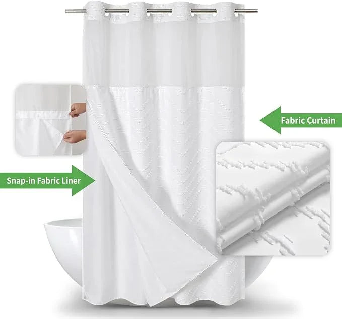 eachope No Hook Boho Farmhouse Shower Curtain with Snap-in Fabric Liner set-54Wx80H(78H),White Tufted Chevron Striped Hotel Grade Cloth Shower Curtains for Bathroom with Window,Water Repellent - ModernBath