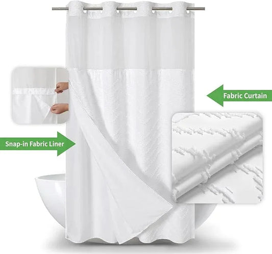 eachope No Hook Boho Farmhouse Shower Curtain with Snap-in Fabric Liner set-54Wx80H(78H),White Tufted Chevron Striped Hotel Grade Cloth Shower Curtains for Bathroom with Window,Water Repellent - ModernBath