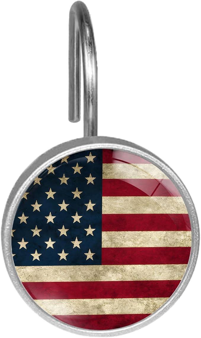 Rustic American Flag Shower Curtain Hooks Set of 12 Rustproof Metal Shower Hooks for Curtains Rods Shower Curtain Rings for Bathroom Living Room Bedroom Decor - ModernBath