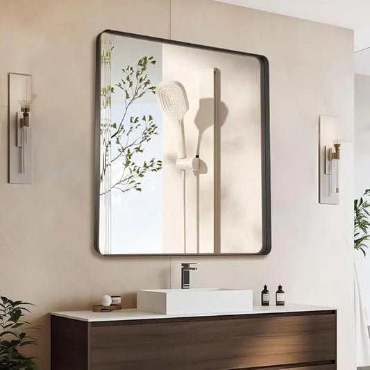 miroro Black 40x36 Inch Metal Framed Mirror for Wall, Large Rounded Rectangle Mirror, Anti-Rust, Tempered Glass, Hangs Horizontally or Vertically - ModernBath