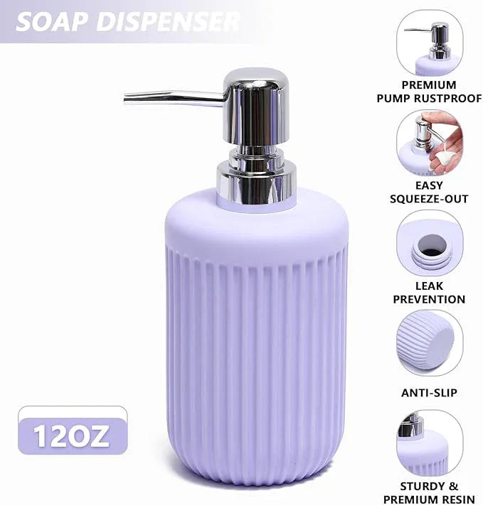 XLHOMO Resin Light Purple Bathroom Accessories Set 5 Pcs, Lotion Soap Dispenser, Toothbrush Holder, Bathroom Tumbler, Qtip Holder and Vanity Tray, Bathroom Countertop Organizer Set for Home Apartment - ModernBath