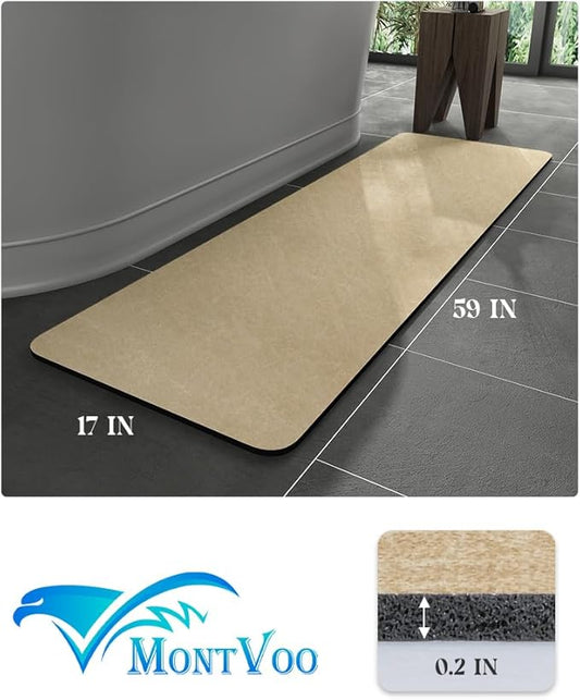 MontVoo -Bath Mat Rug-Rubber Backing Non Slip Quick Dry Absorbent Thin Bathroom Rugs Fit Under Door-Faux Suede Surface Bathroom Floor Mats-Shower Rug for in Front of Bathtub Shower Beige 17"x59"