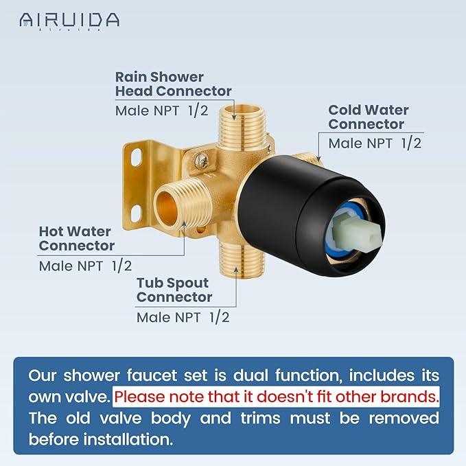 Airuida Shower Faucet Set and Handle Set Single Function Shower Trim Kit Ceiling Mount Rainfall Shower System with Male Threads and Rough-in Valve 12 Inch Square Shower Head Matte Black - ModernBath