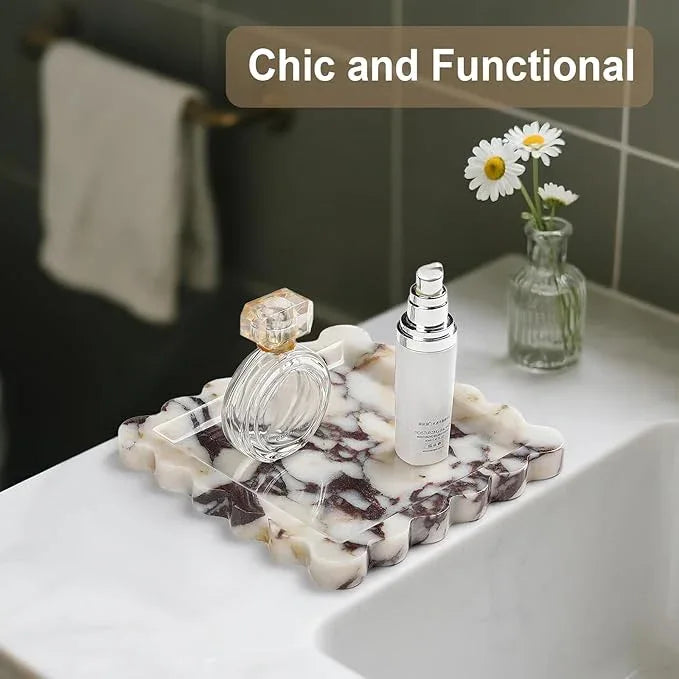 Natural Marble Vanity Tray - Moujings Genuine Marble Perfume Tray for Bathroom Decor, Stone Bathroom Vanity Organizer Tray for Kitchen Counter, Candles, Jewelry, Coffee, Makeup, Key - ModernBath