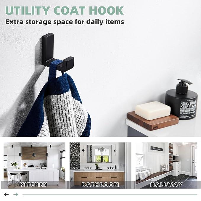APLusee Robe Towel Hook, SUS 304 Stainless Steel Modern L Shape Practical Coat Hook, Utility Shower Towel Hanger for Bathroom Kitchen Home Storage (Matte Black) - ModernBath