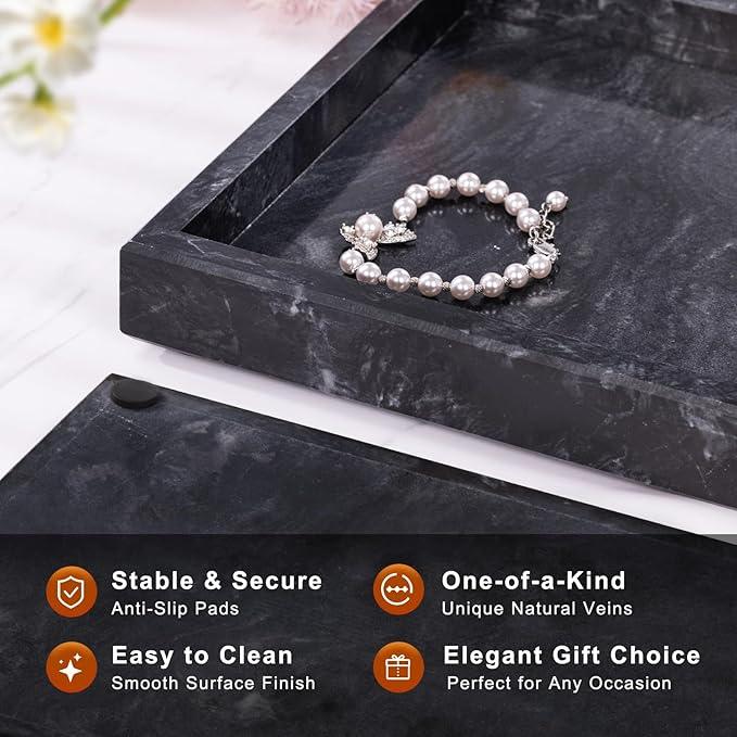 Homaura Marble Bathroom Tray for Countertop & Home Decor, Natural Decorative Marble Tray for Jewelry & Perfume Organizer, Luxury Stone Vanity Trays for Dresser, Kitchen Counter, 12" x 8", Gray Black - ModernBath
