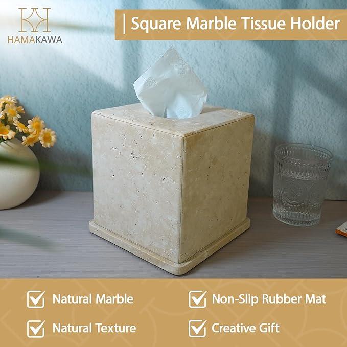 HAMAKAWA Natural Marble Tissue Box Cover, Beige Tissue Organizer 6 x 6 x 6 Inch, Heavy Stone Decorative Box, Square Tissue Box Holder for Home Decor, Kitchen, Bathroom, Bedroom - ModernBath