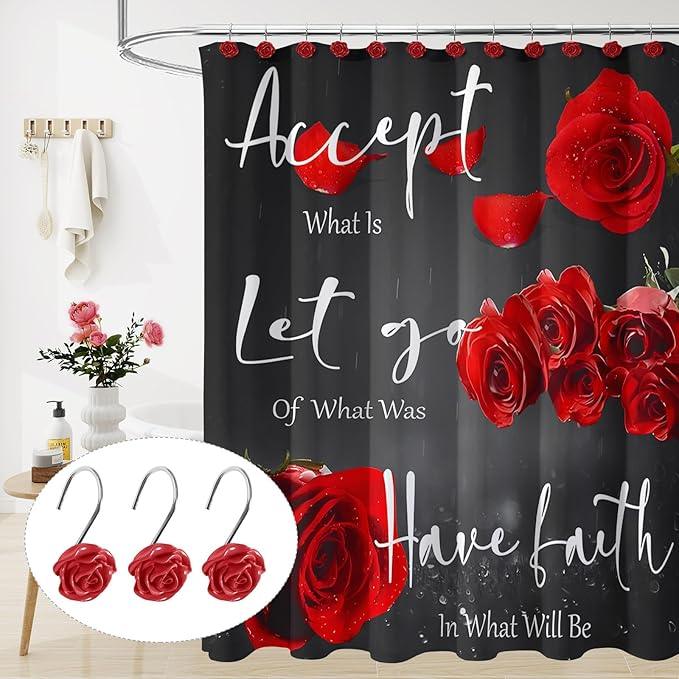 Litabel Rose Flower Shower Curtain Hooks 12PCS, Home Decorative Red Rose Shower Curtain Hooks Metal Rustproof Cute Rose Flower Shower Hooks Rings Bathroom Shower Rods Decoration Accessories - ModernBath