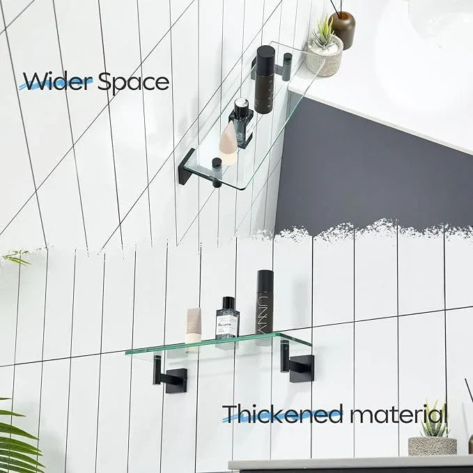 KOKOSIRI Bathroom Shelves Glass Floating Shelf 16-Inch for Bedroom, Living Room, Kitchen, Small Hanging Rack Rustproof Wall Mounted Black B1105BK-L16 - ModernBath