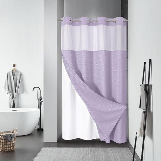 eachope Lavender No Hook Waffle Weave Shower Curtain with snap-in Liner Replacement, 230GSM Waterproof Fabric Hotel Shower Curtain Set for Bathroom, Through Mesh Top Window,54Wx80H - ModernBath