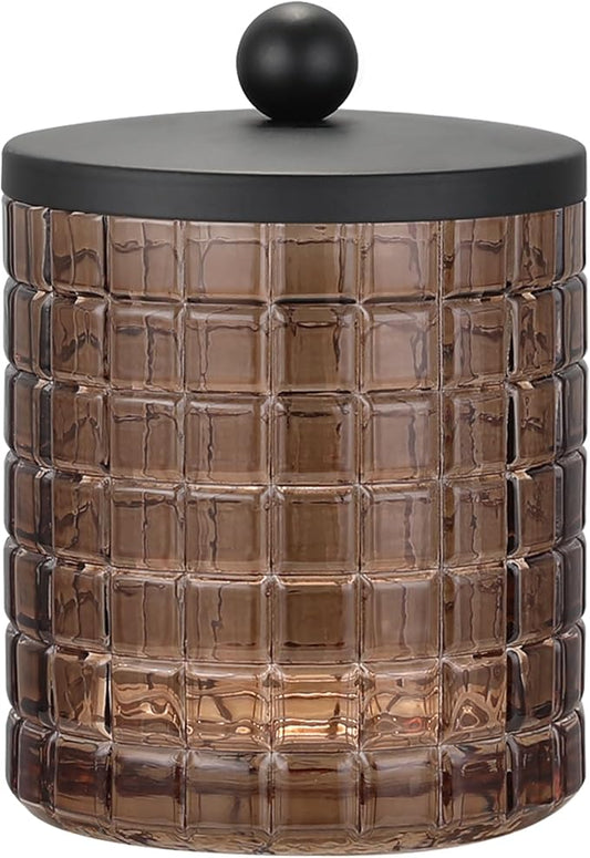 Indecor Home Amber Colored Tranlucent Apothecary Etched Geometric Grid Glass Jar W/Matte Black Metal Lid for Bathroom Organization, Cotton Balls, Q Tips, and Small Accessories, Bathroom Storage