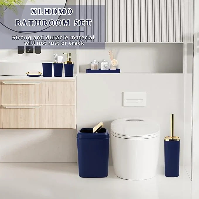 XLHOMO Blue Bathroom Set, Bathroom Sets with Stripe Shower Curtain, Navy Blue and Gold Bathroom Accessories with Trash Can, Soap Dispenser, Soap Dish, Toilet Brush Holder, Qtip Holders for Bathroom - ModernBath