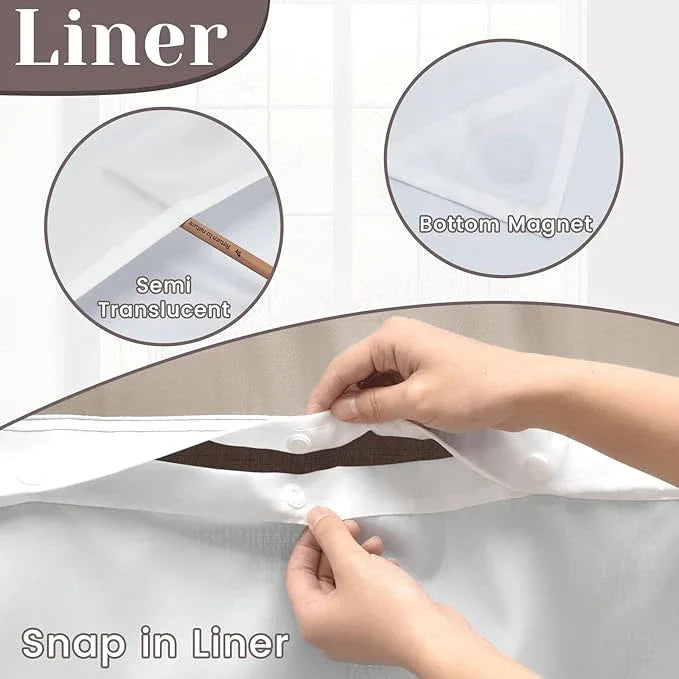 SORTTO No Hook Slub Textured Shower Curtain with Snap in Liner - Chocolate Fabric Outer Curtain & Waterproof Inner Liner, Hotel Style with See Through Top Window, 71x74 in - ModernBath