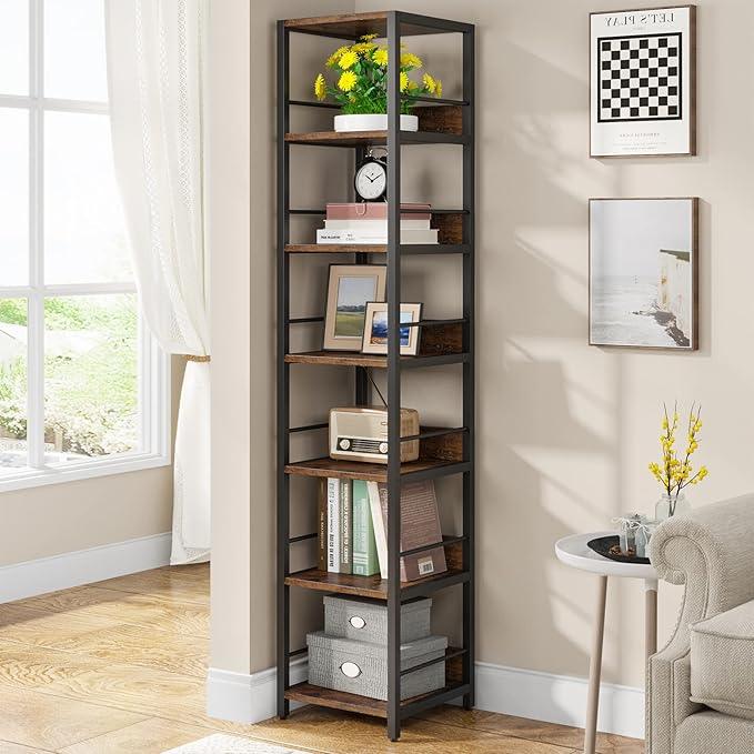 Tribesigns 6-Tier Corner Shelf, 75 Inch Tall Narrow Bookshelf Storage Rack, Etagere Shelves Display Stand for Small Spaces, Rustic Open Bookcase Square Shelf Tower for Living Room Bathroom - ModernBath