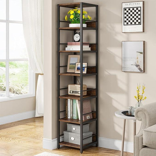 Tribesigns 6-Tier Corner Shelf, 75 Inch Tall Narrow Bookshelf Storage Rack, Etagere Shelves Display Stand for Small Spaces, Rustic Open Bookcase Square Shelf Tower for Living Room Bathroom - ModernBath