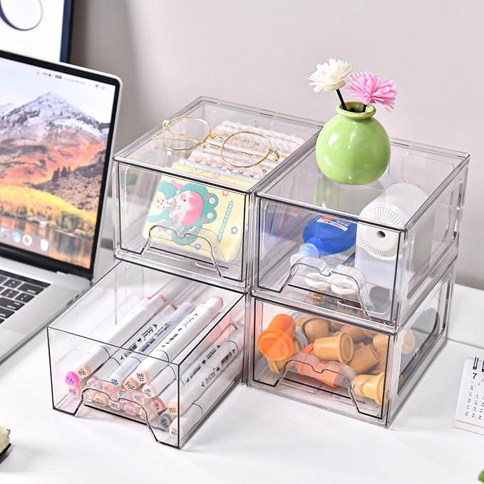 Stebopum 8 Pack Stackable Makeup Organizer, 4.4'' Tall Acrylic Bathroom Makeup Organizer and Storage Drawer with Pull-out Handle, Clear Plastic Storage Bins for Vanity,Pantry,Desk,Undersink,Kitchen - ModernBath