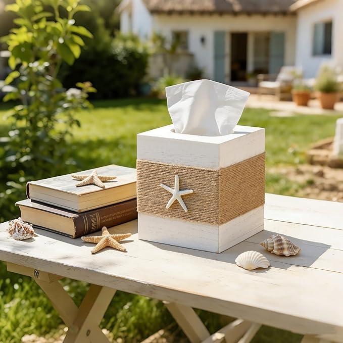 2 Pack Beach Rustic White Wood Square Tissue Box Cover with Slide-Out Bottom Panel - Beach Bathroom Decor Tissue Box Holder with Starfish for Living Room, Desk, Bedroom, Bathroom - ModernBath