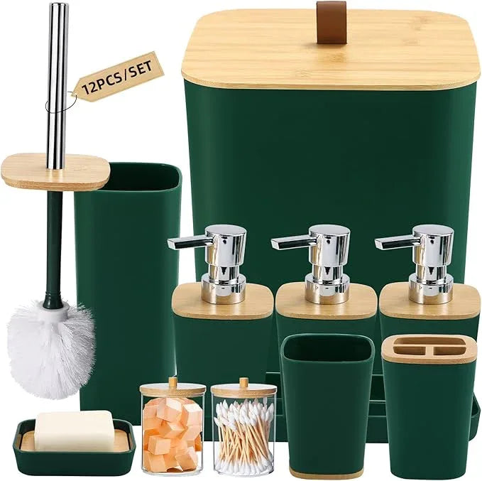XLHOMO Dark Green Bathroom Accessories, Green Bathroom Accessories Set with Trash Can, Soap Dispenser, Toothbrush Holder, Toothbrush Cup, Soap Dish, Toilet Brush, Tray and Q-tip Holders - ModernBath