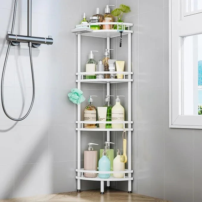 HapiRm Standing Corner Shower Caddy - 4 Tier Shower Organizer Corner with Soap Holder and 4 Hooks, Rustproof Bathroom Storage Shelves with Adhesives, White - ModernBath