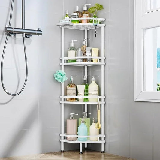 HapiRm Standing Corner Shower Caddy - 4 Tier Shower Organizer Corner with Soap Holder and 4 Hooks, Rustproof Bathroom Storage Shelves with Adhesives, White - ModernBath