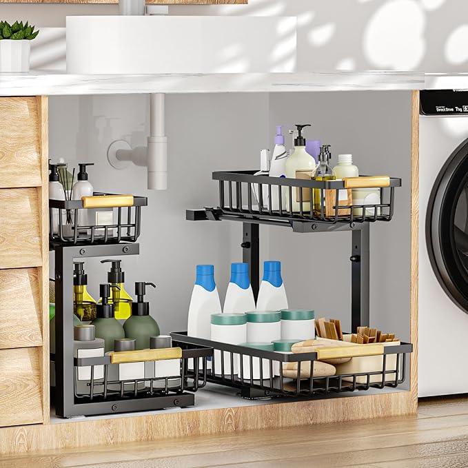 2Pcs Under Sink Organizer, Adjustable Under Sink Organizers and Storage, 2-Tier Pull Out Under Kitchen Sink Organizer, Sliding Out Metal Under Bathroom Sink Organizer for Kitchen Pantry Black - ModernBath