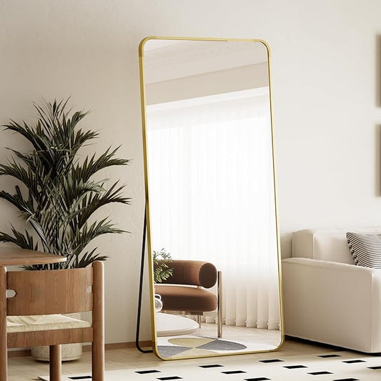BEAUTYPEAK Full Length Mirror, 66"x23" Rounded Corner Floor Mirror Standing Hanging or Leaning Against Wall, Suitable for Dressing Room or Bedroom, Gold