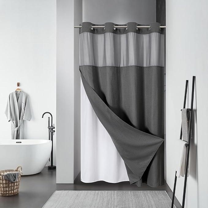 eachope Charcoal Grey No Hook Waffle Weave Shower Curtain with snap-in Liner Replacement, 230GSM Waterproof Fabric Hotel Shower Curtain Set for Bathroom, Through Mesh Top Window,54Wx80H - ModernBath