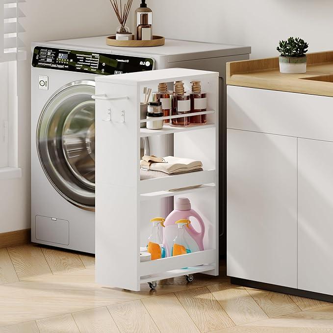 ChooChoo 4-Tier Slim Storage Cart with Handle, 7.87" W Rolling Utility Cart on Universal Wheels, Kitchen Cart Mobile Shelving Organization for Laundry Room, Bathroom & Narrow Places, White - ModernBath
