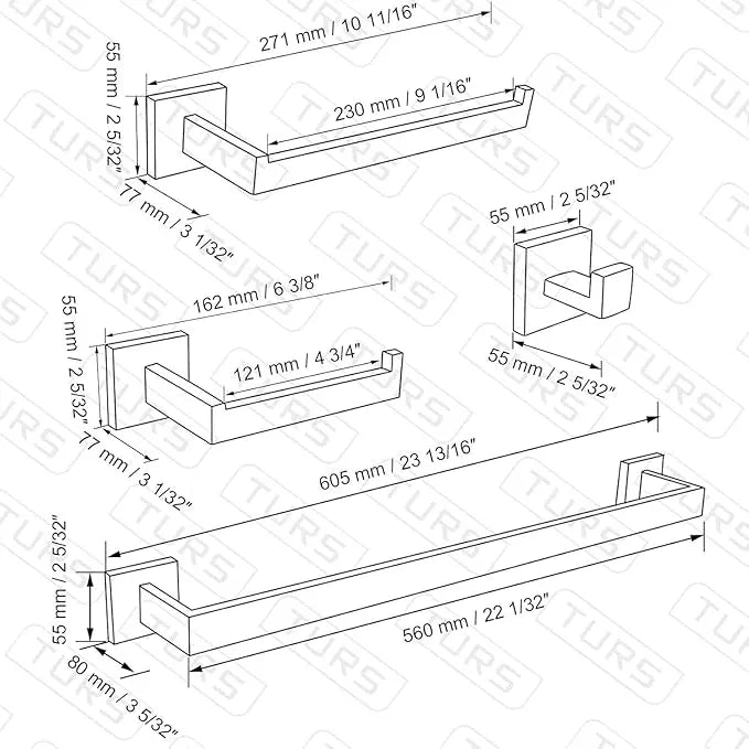 TURS 4-Piece Bathroom Hardware Set Black Towel Bar Set Stainless Steel Towel Bar Hand Towel Holder Toilet Paper Holder Towel Hooks Wall Mount - ModernBath