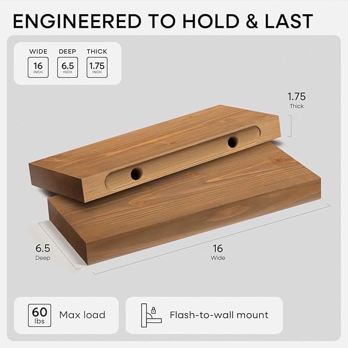 Homeforia 16 inch Golden Oak Floating Shelf, High End Solid Real Wood 16inch Small Floating Shelves for Wall Mounted, Oak Wooden 16in Floating Shelves, Heavy Duty Bracket, 16 X 6.5 X 1.75 in, Set of 3 - ModernBath