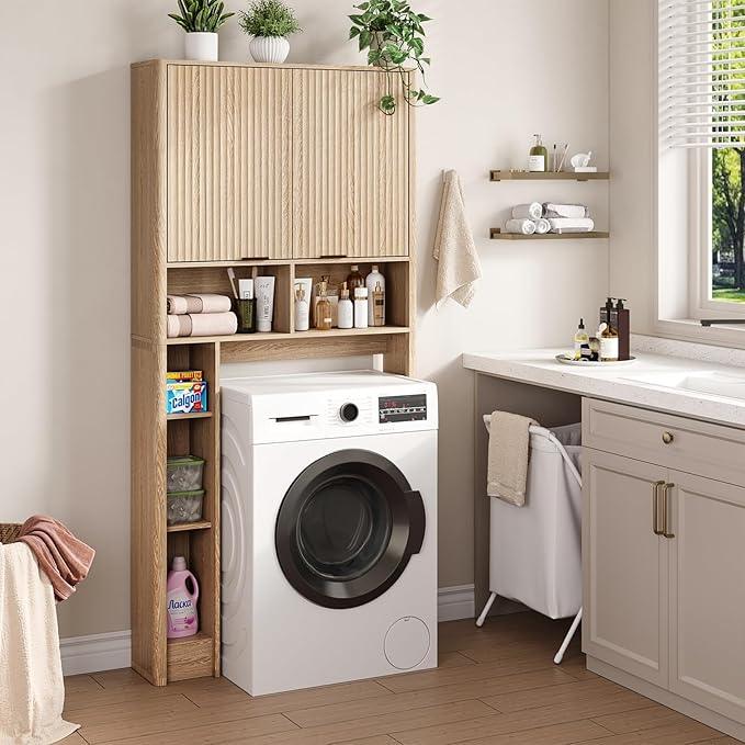 31''W Over The Toilet Storage Cabinet with Fluted Door, Oak Bathroom Organizer with Adjustable Shelf, 67''H Tall Natural Toilet Paper Holder Stand Wave Door for Restroom, Laundry Room - ModernBath