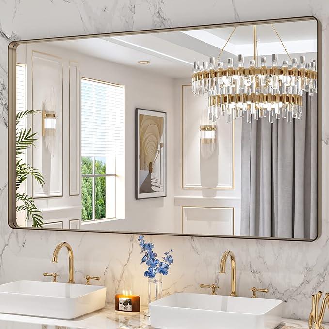LOAAO 60”X36” Bronze Bathroom Mirrors for Vanity, Rounded Rectangle Brushed Bronze Metal Frame Mirror, Anti-Rust, Tempered Glass, Hangs Horizontally or Vertically - ModernBath