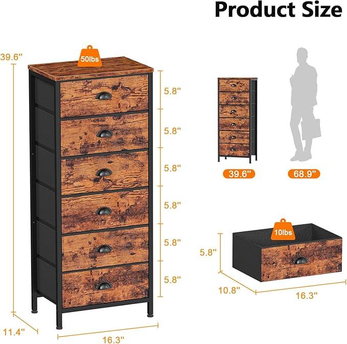 Furnulem Tall Dresser with 6 Drawers,Vertical End Table and Nightstand for Bedroom,Industrial Dorm Bedside Furniture with Fabric Storage Drawer Organizer in Living Room,Closet,Entryway(Rustic Brown) - ModernBath