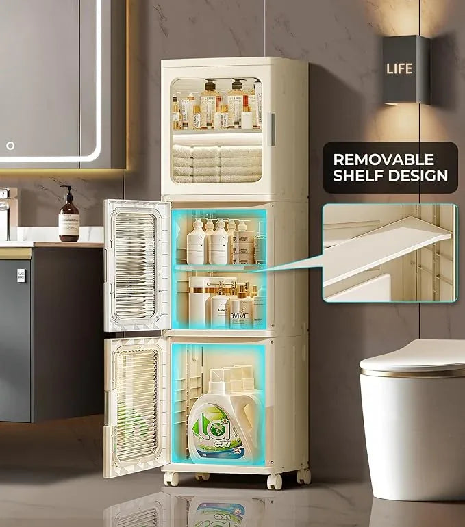 3-Tier Slim Narrow Bathroom Storage Cabinet with Movable Wheels and Adjustable Shelves Plastic Cabinets with Doors Freestanding Organizers for Kitchen Laundry Room Bedroom Pantry,Beige - ModernBath