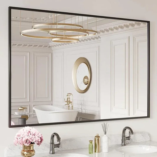 LOAAO 60"X40" Black Rectangle Bathroom Mirror Wall, Matte Black Aluminum Alloy Frame, Tempered Glass, Hangs Vertically or Horizontally, Easy to Install - ModernBath