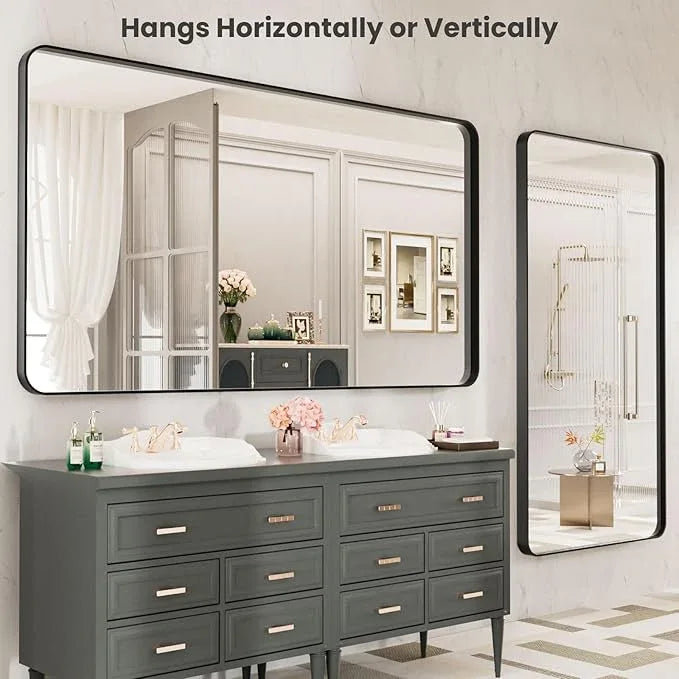 LOAAO Black Metal Framed Bathroom Mirror for Wall, Large 55X30 Inch Rounded Rectangle Mirror, Matte Black Bathroom Vanity Mirror Farmhouse, Anti-Rust, Tempered Glass, Hangs Horizontally or Vertically - ModernBath