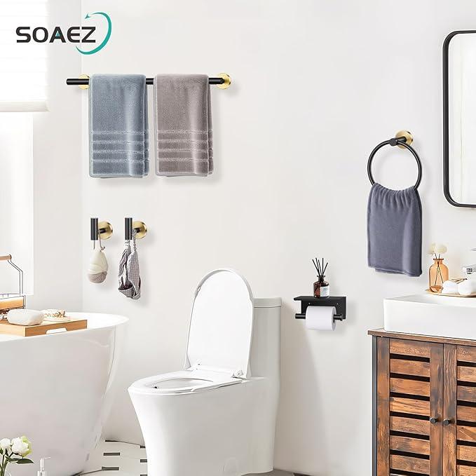 Black and Gold Bathroom Hardware Set, 5 Pieces Towel Bar Bathroom Accessories, Upgraded Toilet Paper Holder with Shelf Set, 23.6 Inch Towel Rack Towel Holder for Bathroom Wall - ModernBath