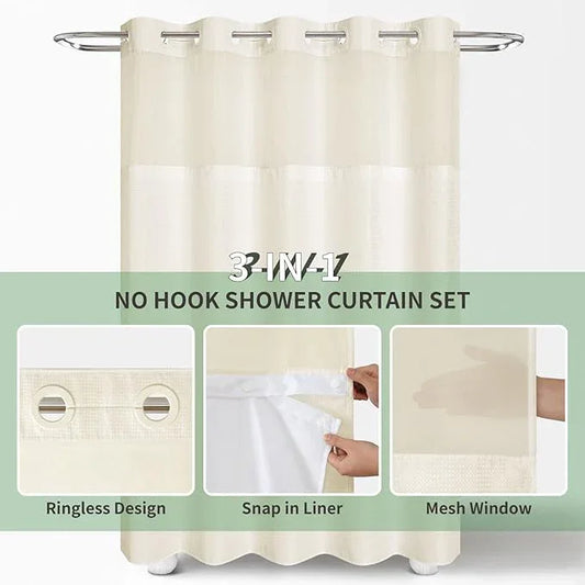 eachope Stall No Hook Shower Curtain with Snap-in Fabric Liner Set,Waffle Weave Shower Curtains for Bathroom,Hotel Luxury Decor Bathroom Curtain Set,Waterproof & Washable,Cream,54Wx80H - ModernBath